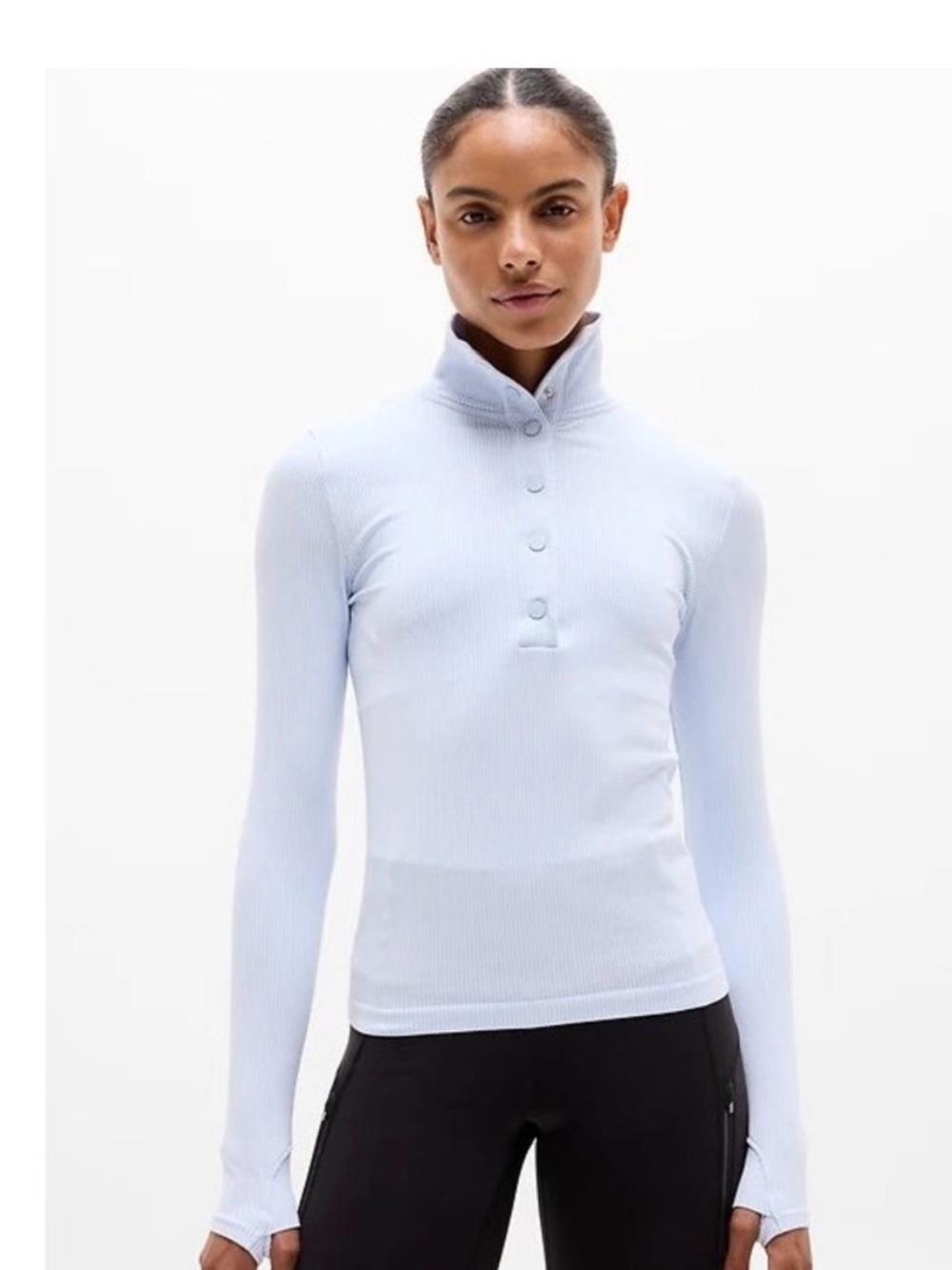 Athleta Pale Blue Ribbed Mock-Neck Button Pullover